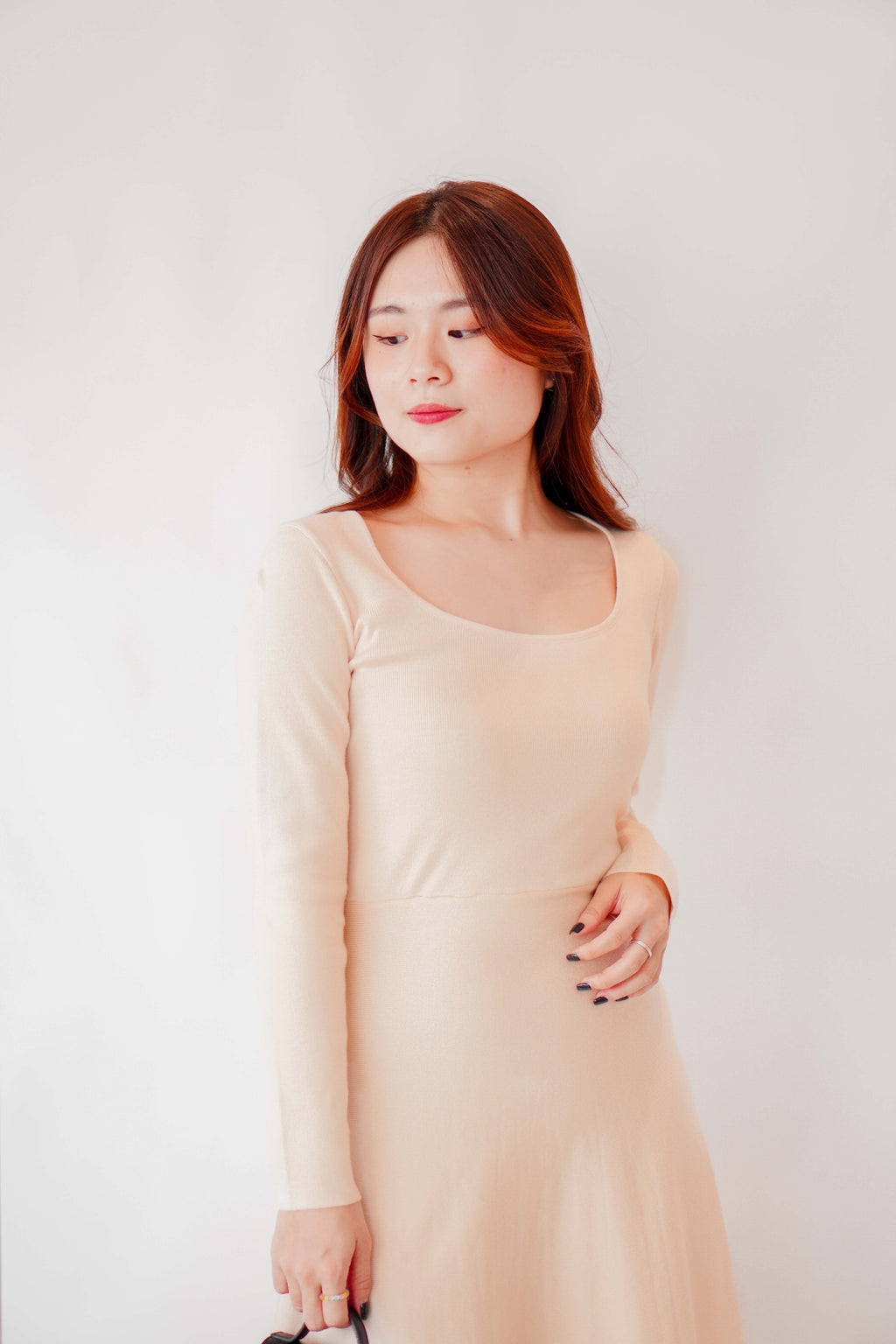Tara Long Sleeve Knit A-Line Dress in Cream Beige