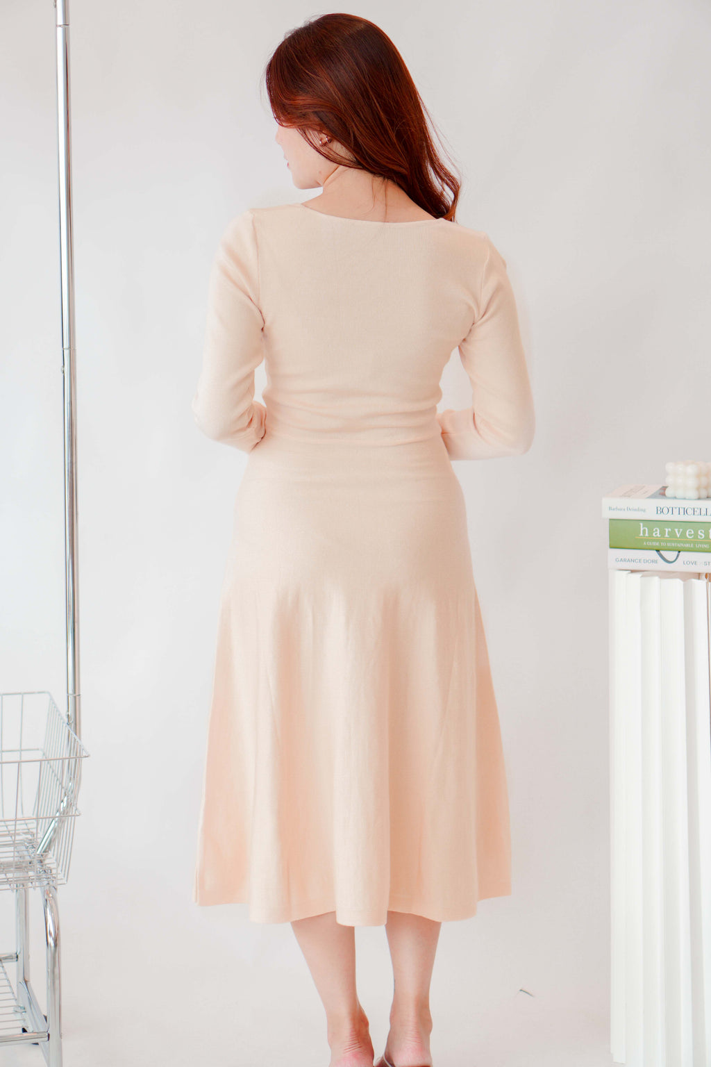 Tara Long Sleeve Knit A-Line Dress in Cream Beige