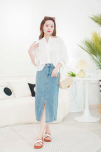 Minji Puffy Button Eyelet Lace Top in White