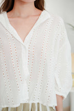 Minji Puffy Button Eyelet Lace Top in White