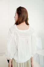 Minji Puffy Button Eyelet Lace Top in White