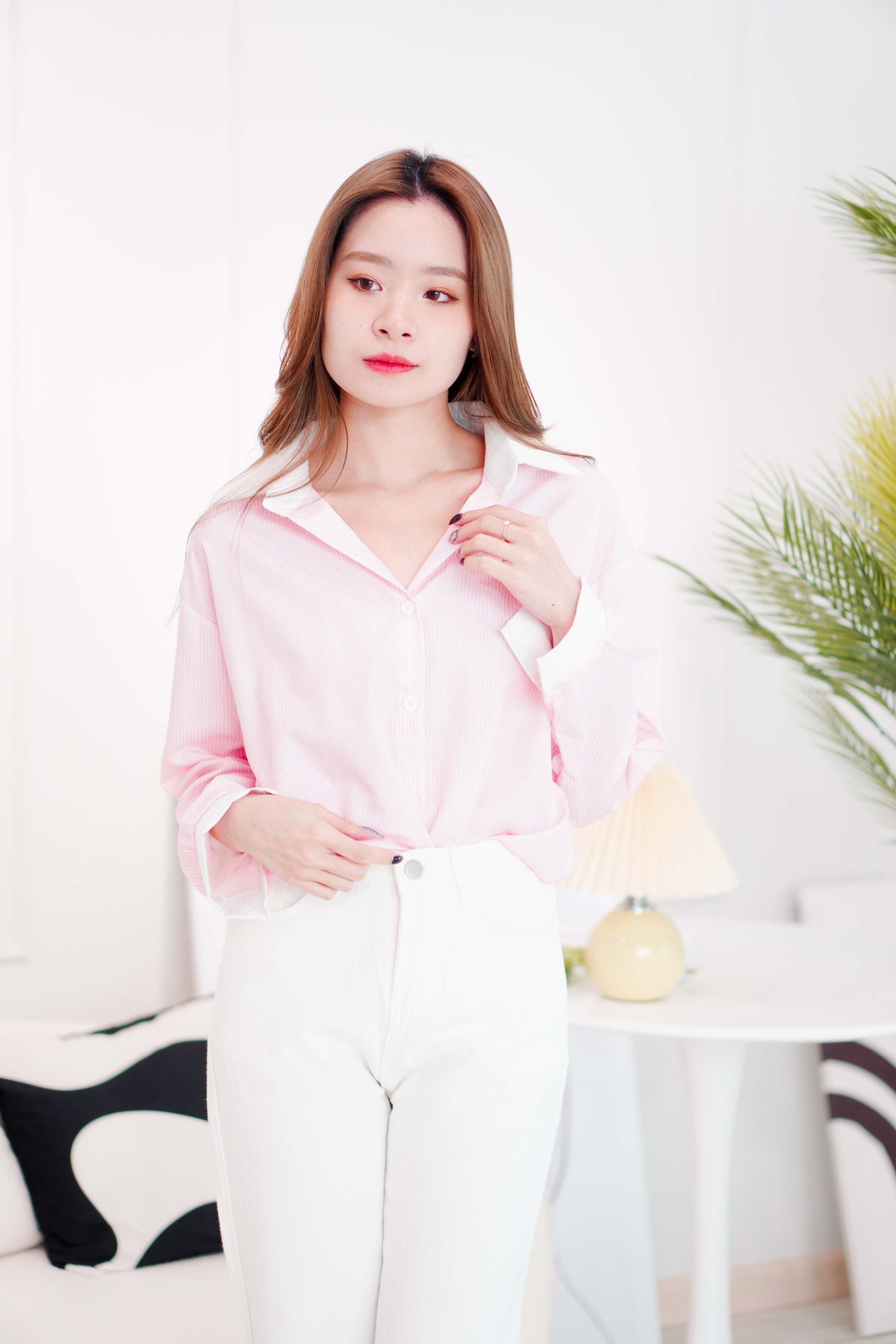 Corliss White Collar Stripes Button Down Top in Pink