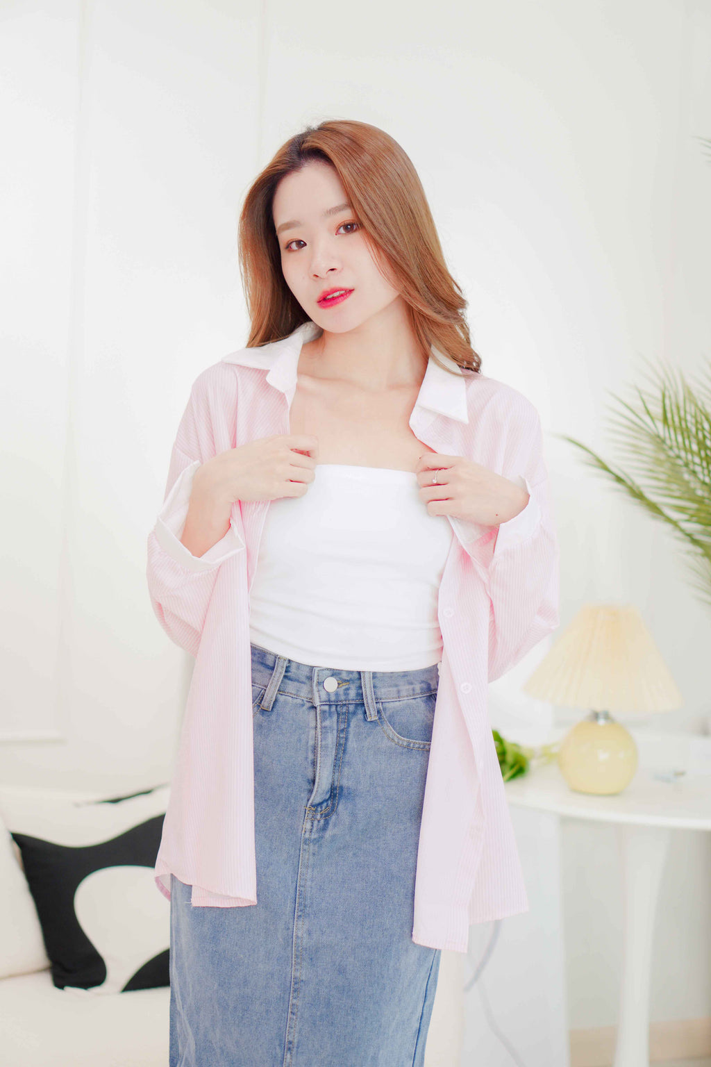 Corliss White Collar Stripes Button Down Top in Pink