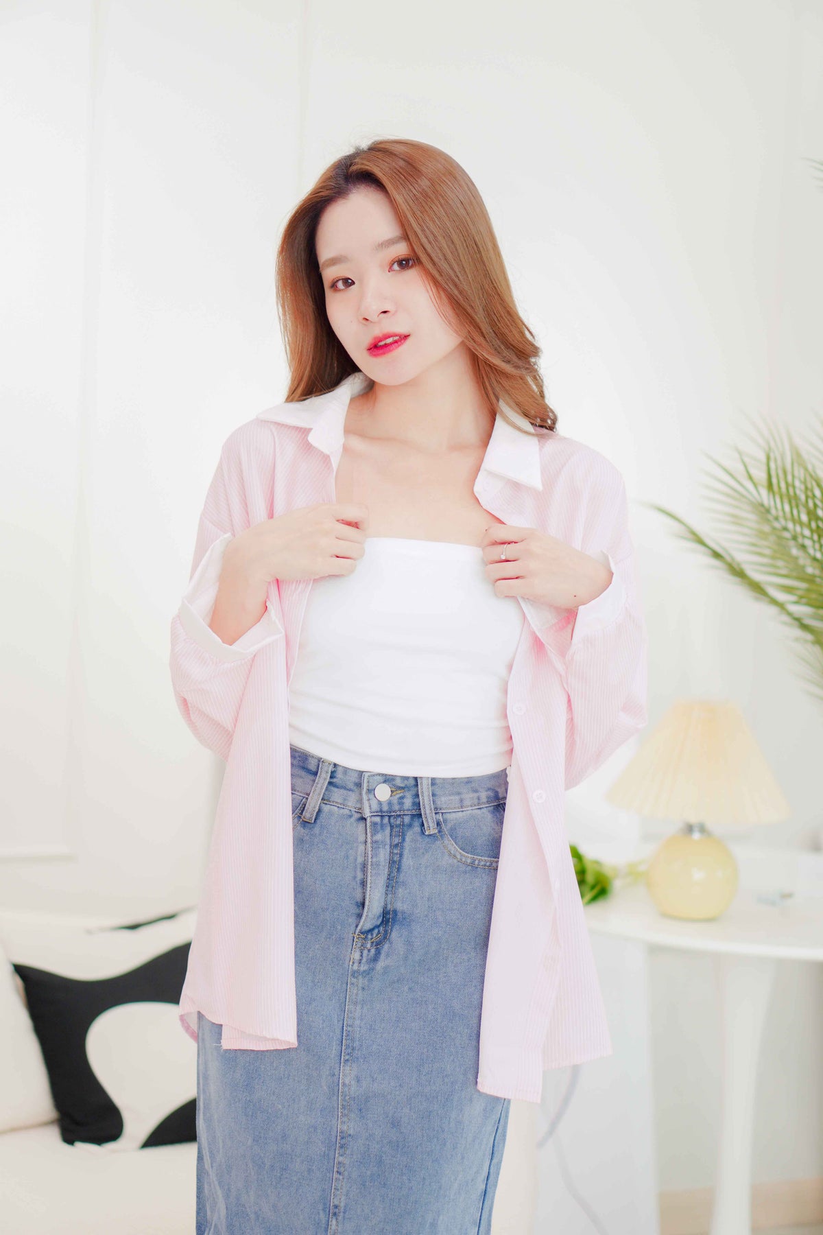 Corliss White Collar Stripes Button Down Top in Pink