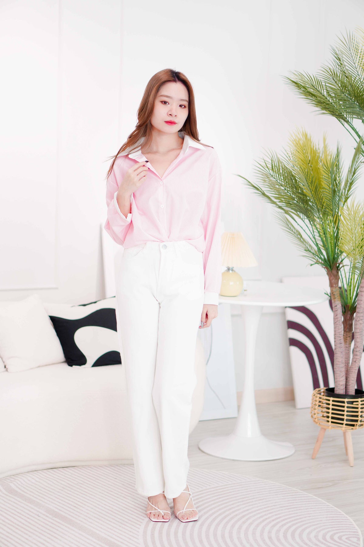 Corliss White Collar Stripes Button Down Top in Pink