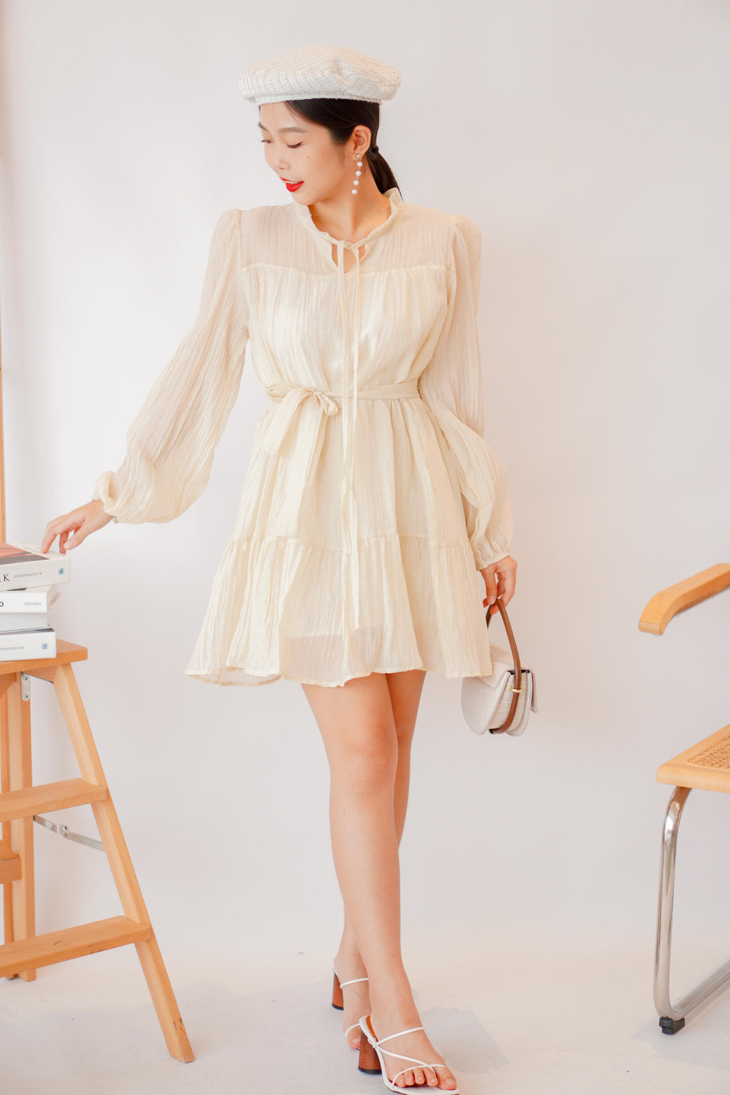 Alea Puffy Dress with Sash in Beige