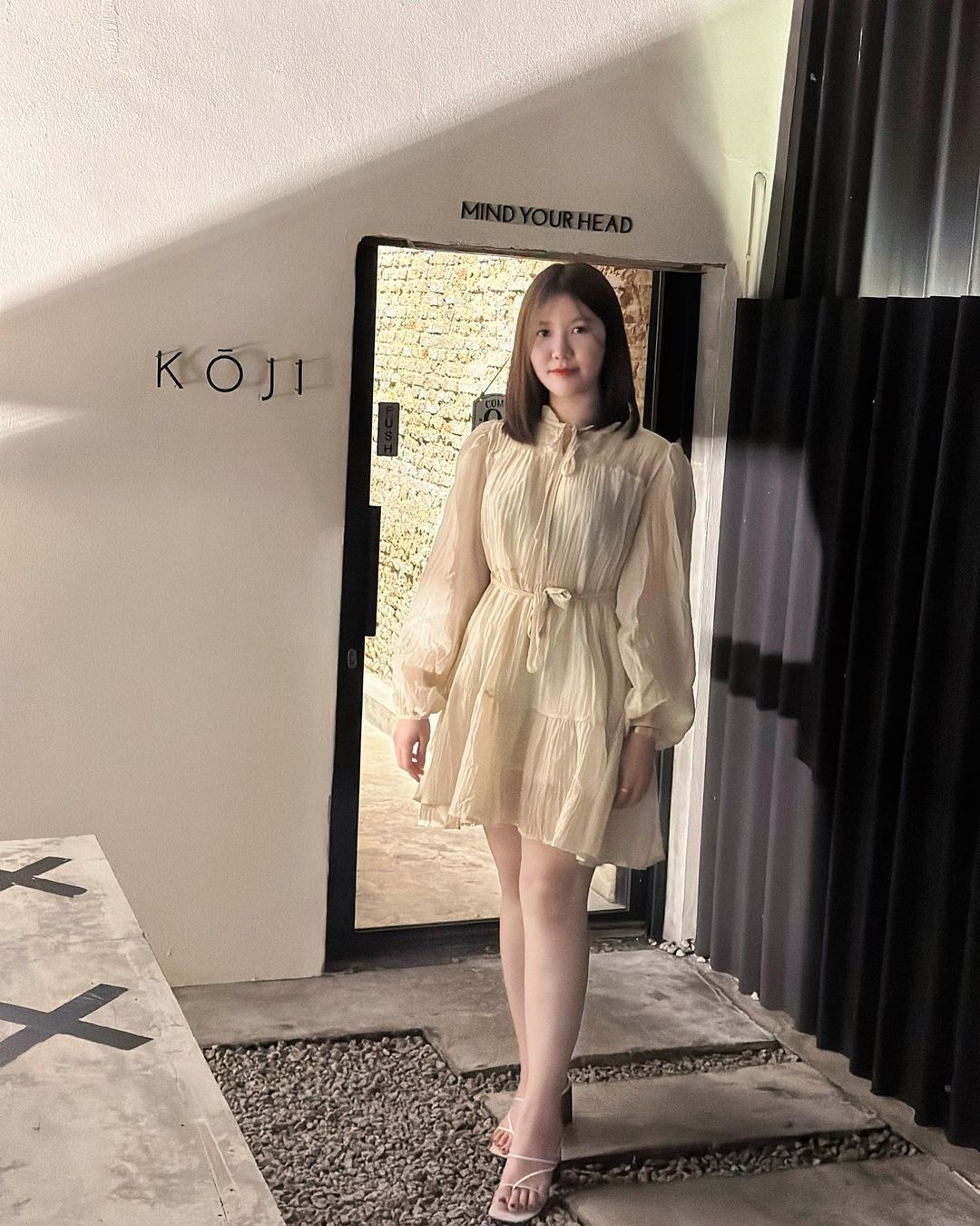 Alea Puffy Dress with Sash in Beige