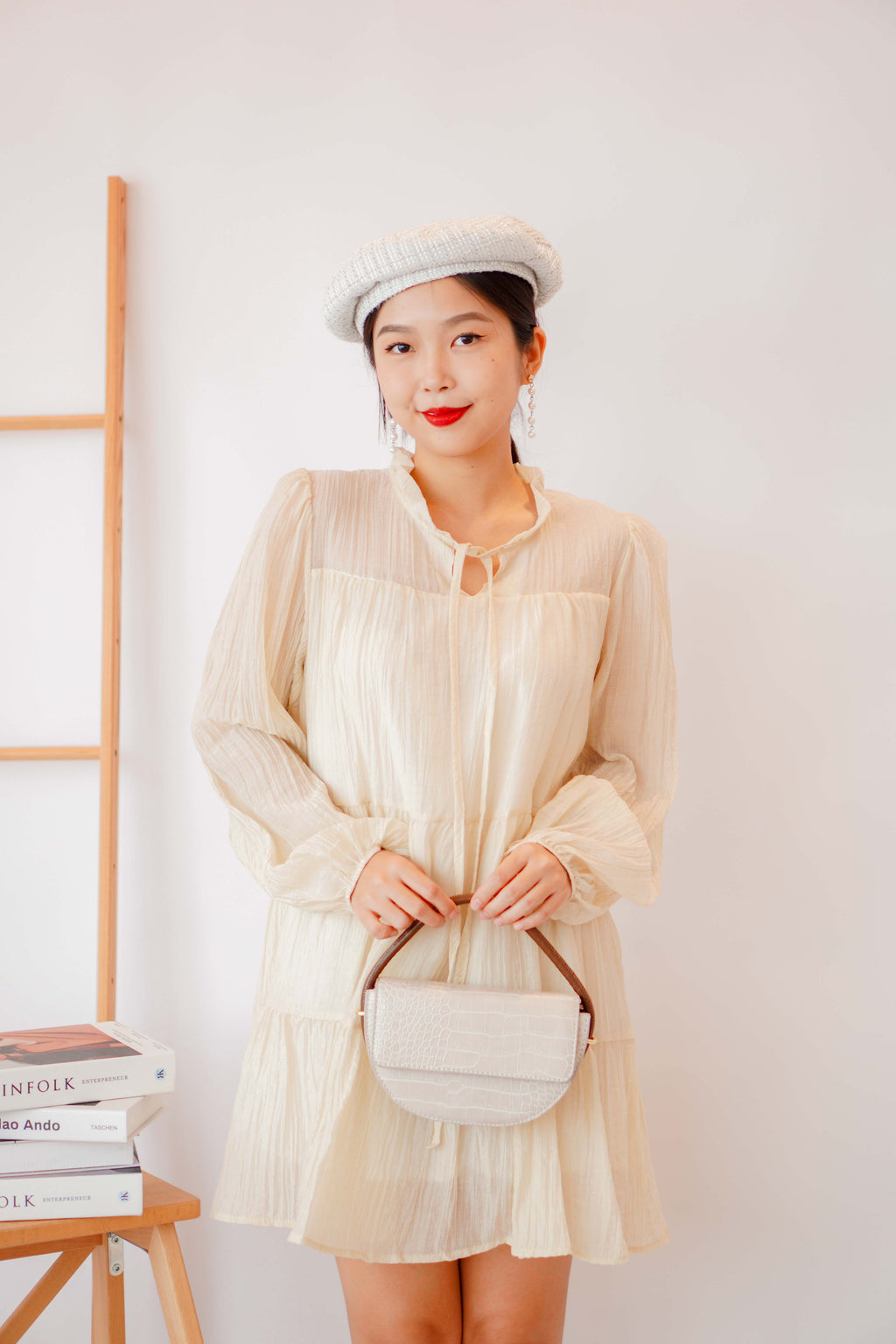 Alea Puffy Dress with Sash in Beige