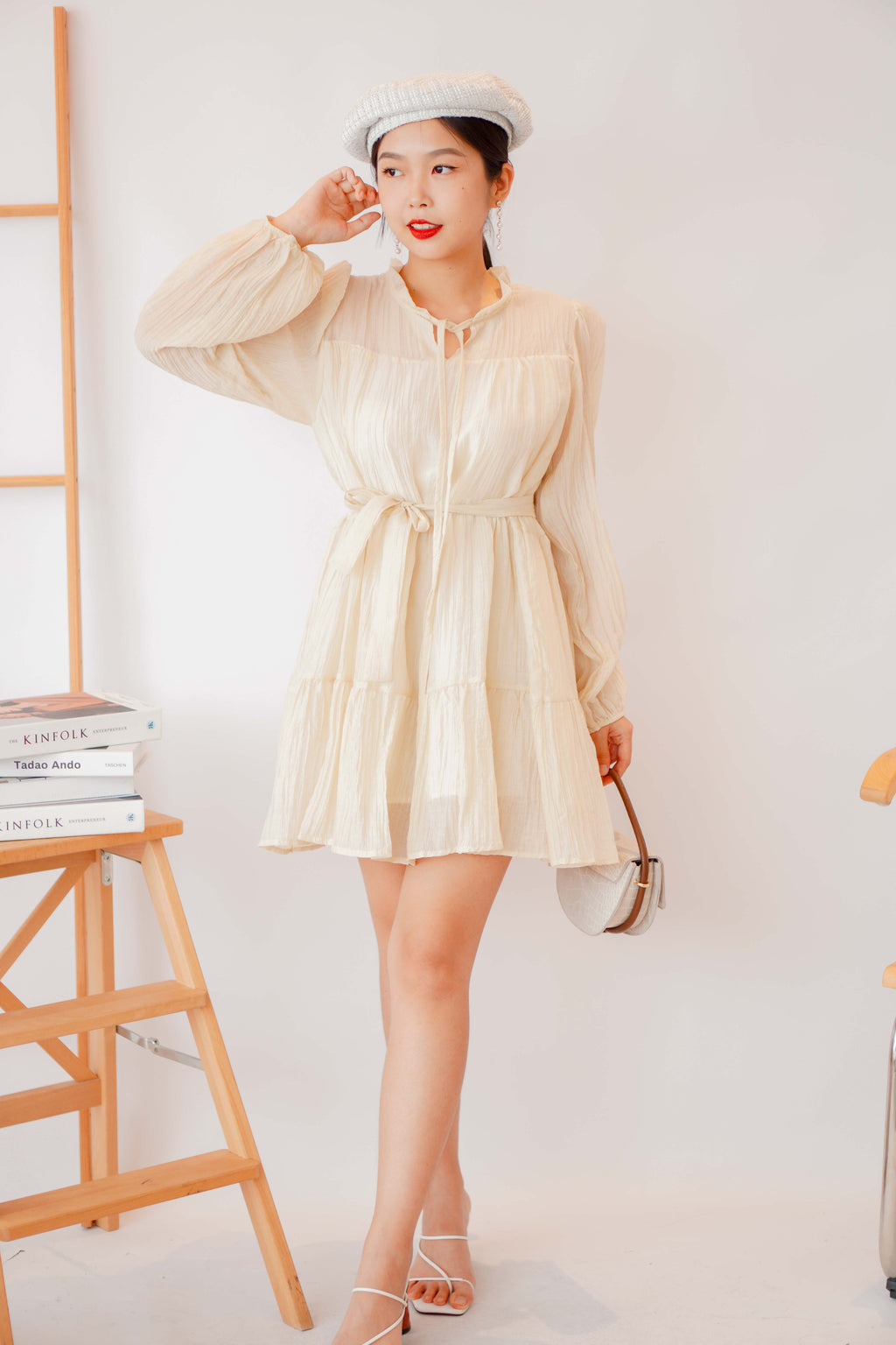 Alea Puffy Dress with Sash in Beige