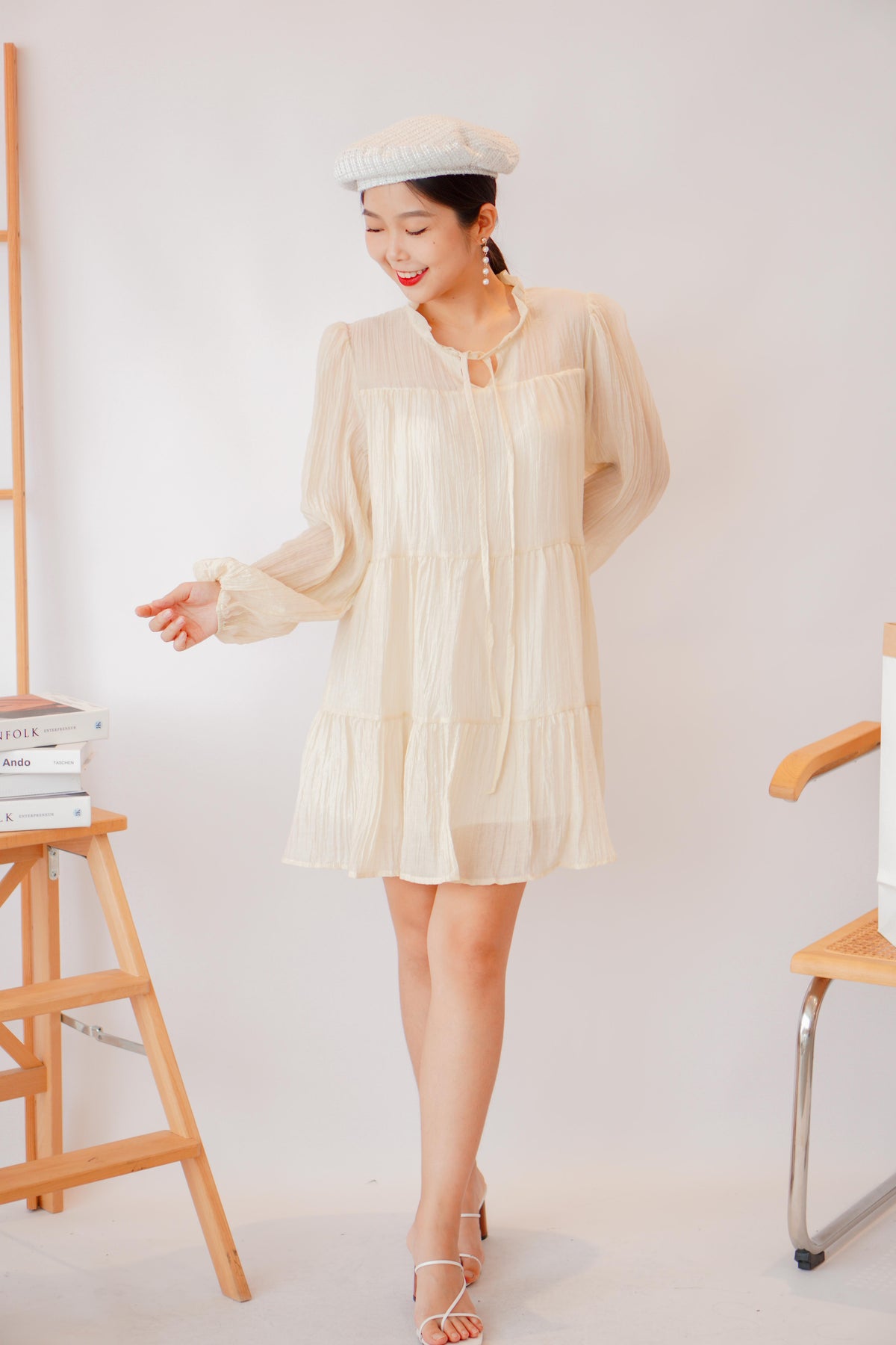Alea Puffy Dress with Sash in Beige