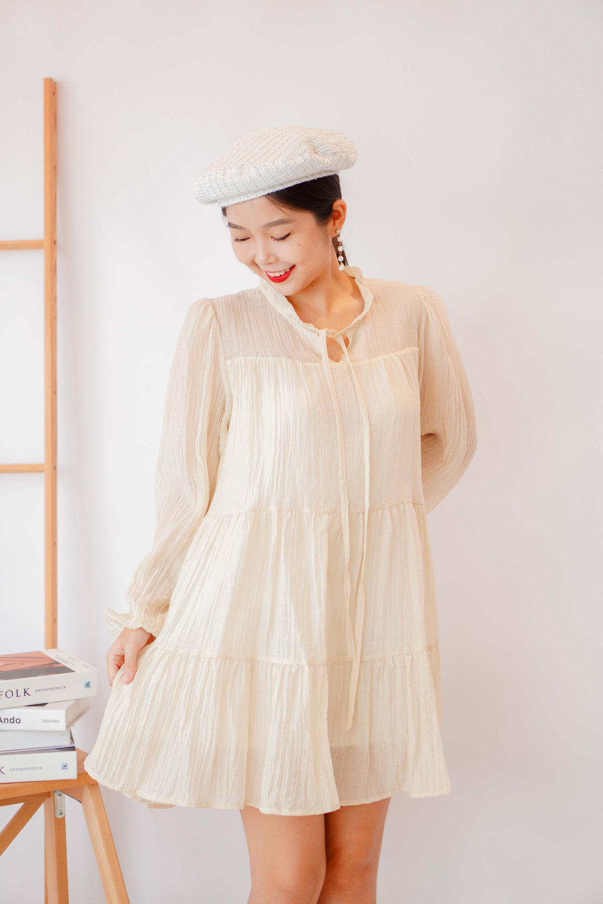 Alea Puffy Dress with Sash in Beige