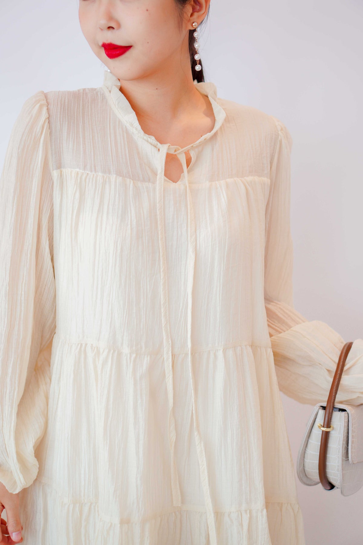 Alea Puffy Dress with Sash in Beige