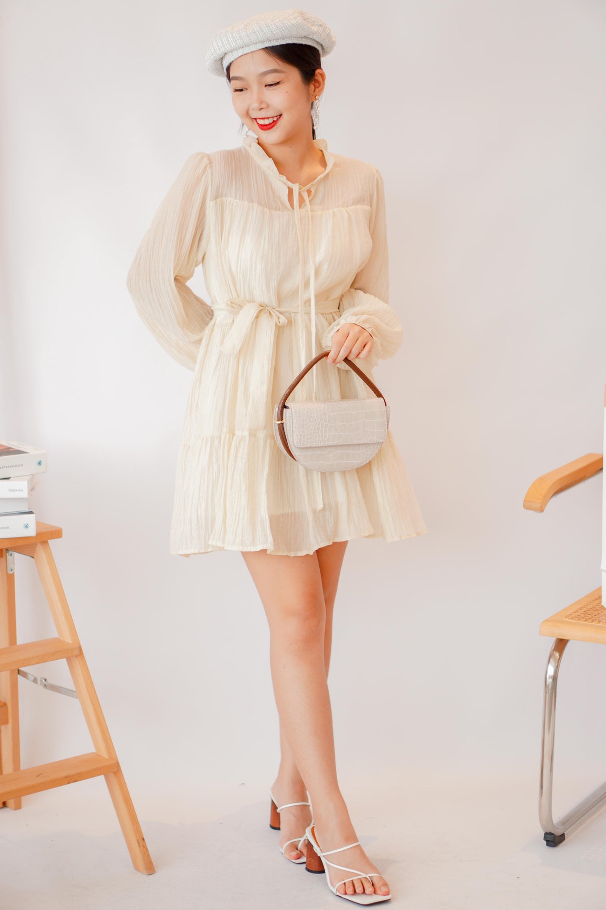 Alea Puffy Dress with Sash in Beige