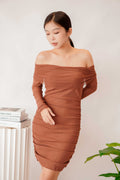 Jhara Off Shoulder Dress in Brown