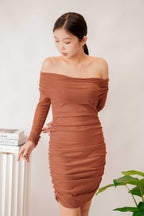 Jhara Off Shoulder Dress in Brown