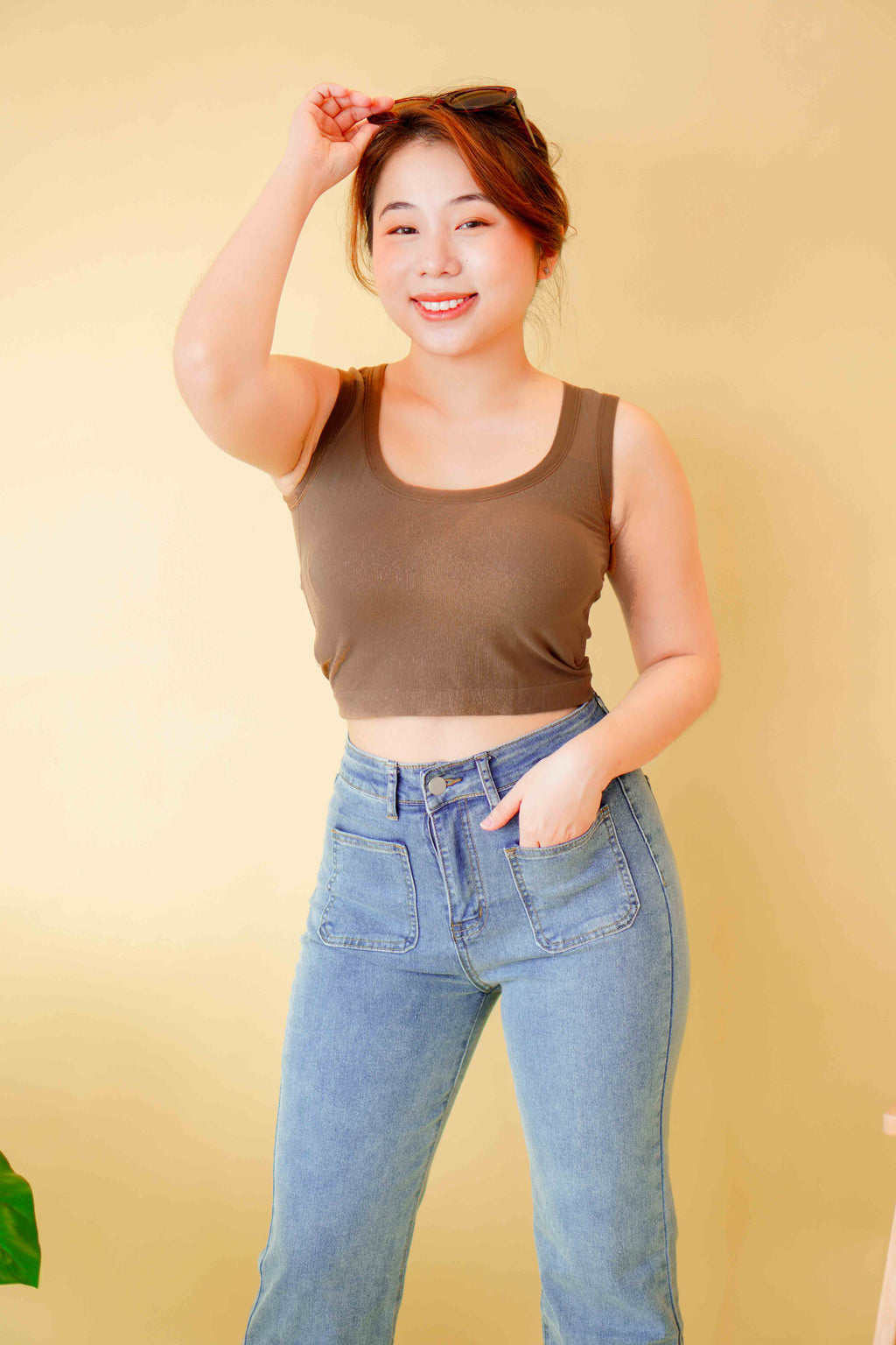 Hailey Padded Round Neck Top in Brown