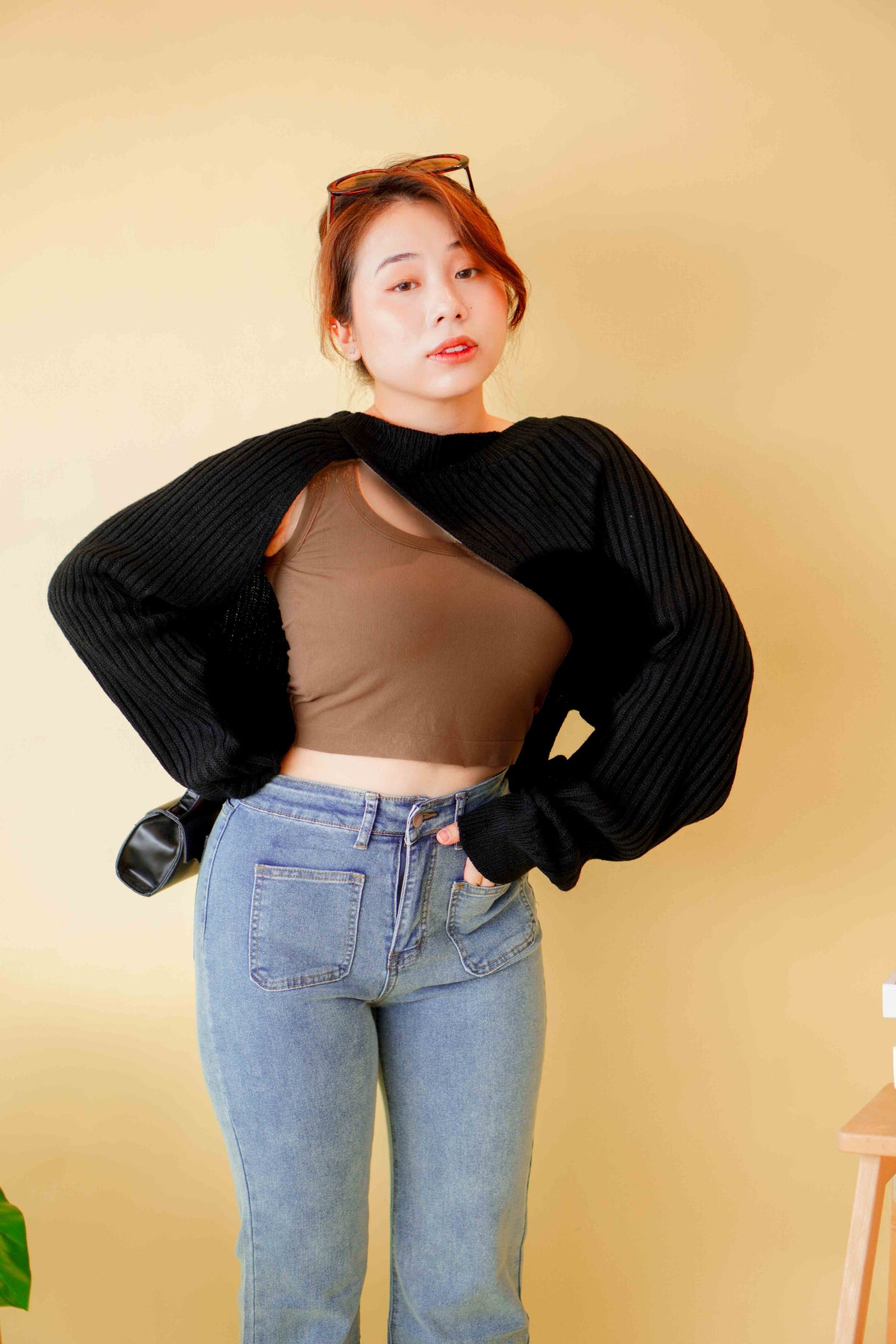 Hailey Padded Round Neck Top in Brown