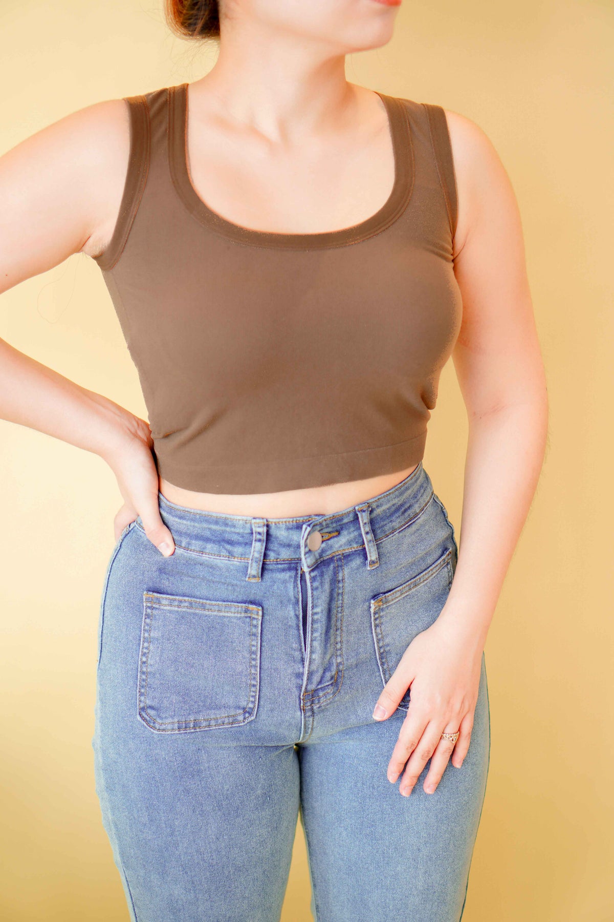 Hailey Padded Round Neck Top in Brown