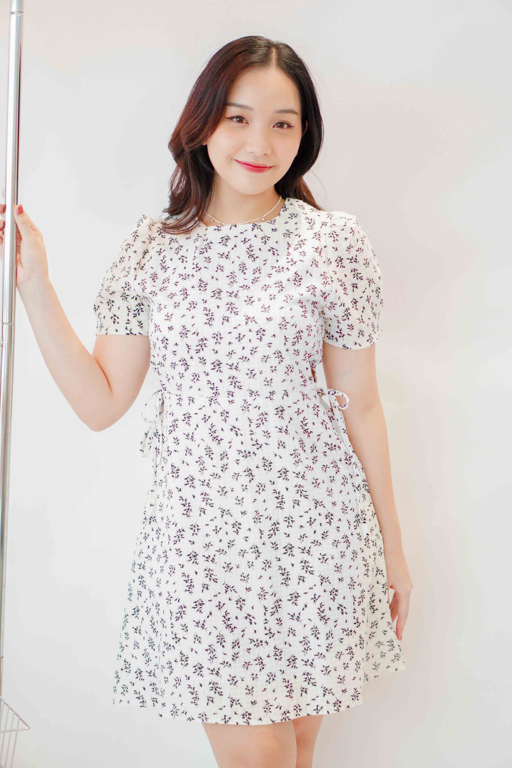 Stephy Waist Cutout Dress in White with Black Floral