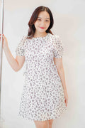 Stephy Waist Cutout Dress in White with Black Floral