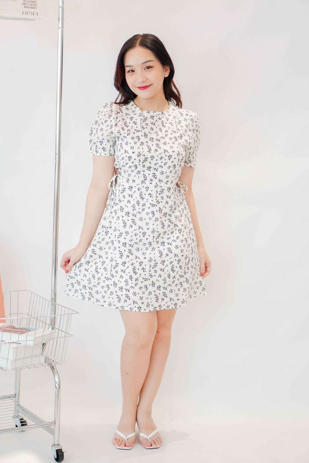 Stephy Waist Cutout Dress in White with Black Floral