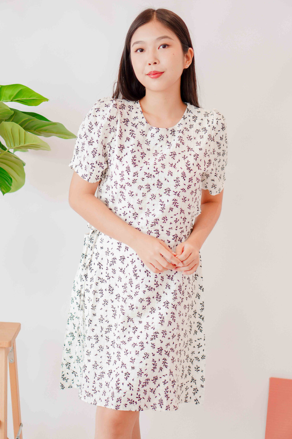 Stephy Waist Cutout Dress in White with Black Floral