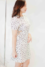 Stephy Waist Cutout Dress in White with Black Floral