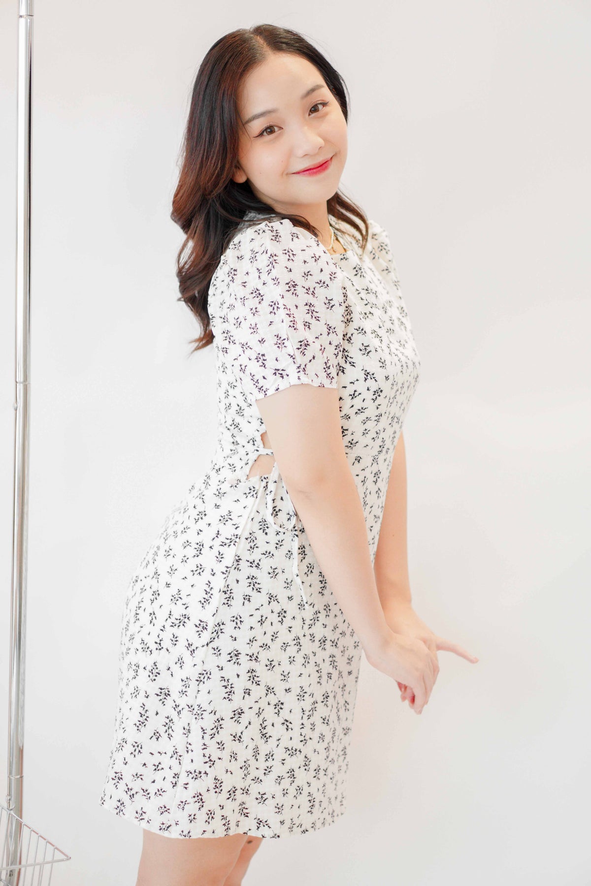 Stephy Waist Cutout Dress in White with Black Floral