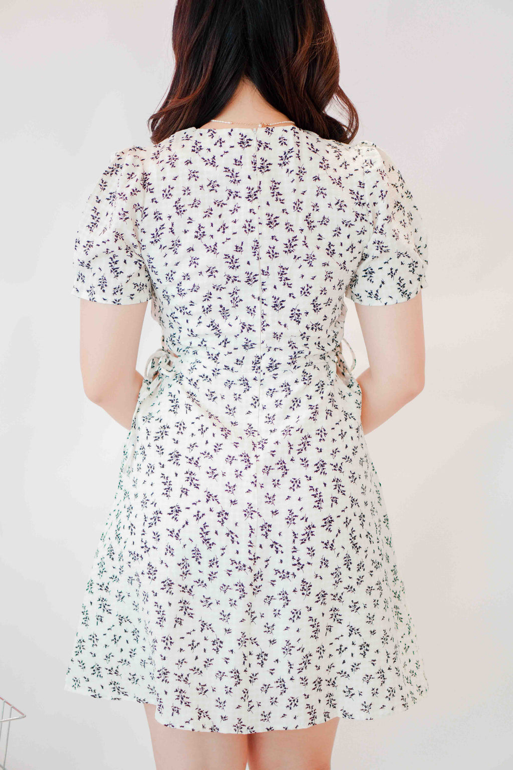 Stephy Waist Cutout Dress in White with Black Floral