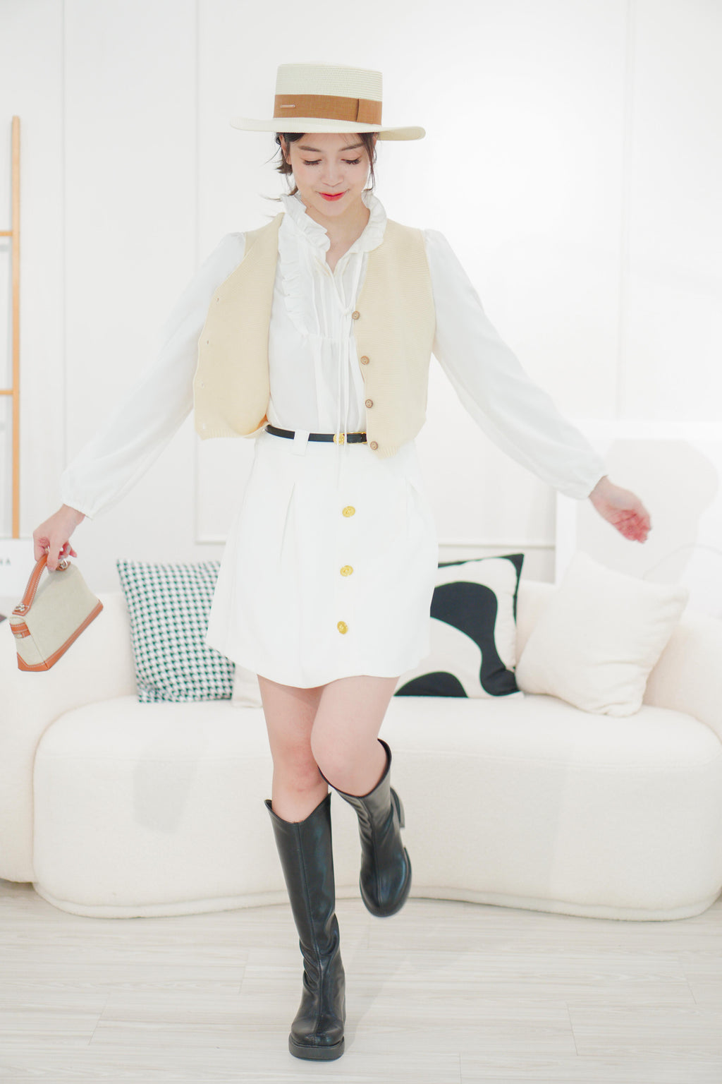 Baldwin A-Line Skirt with Gold Button in White