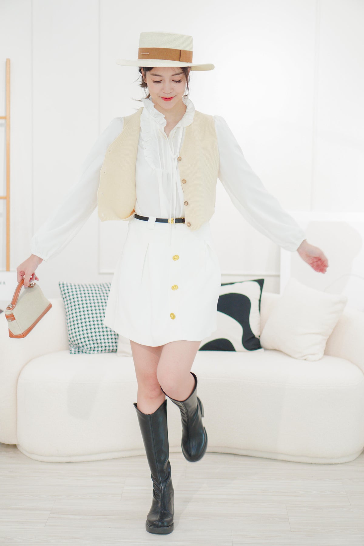 Baldwin A-Line Skirt with Gold Button in White