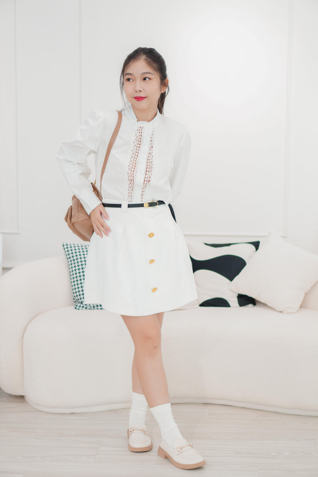 Baldwin A-Line Skirt with Gold Button in White