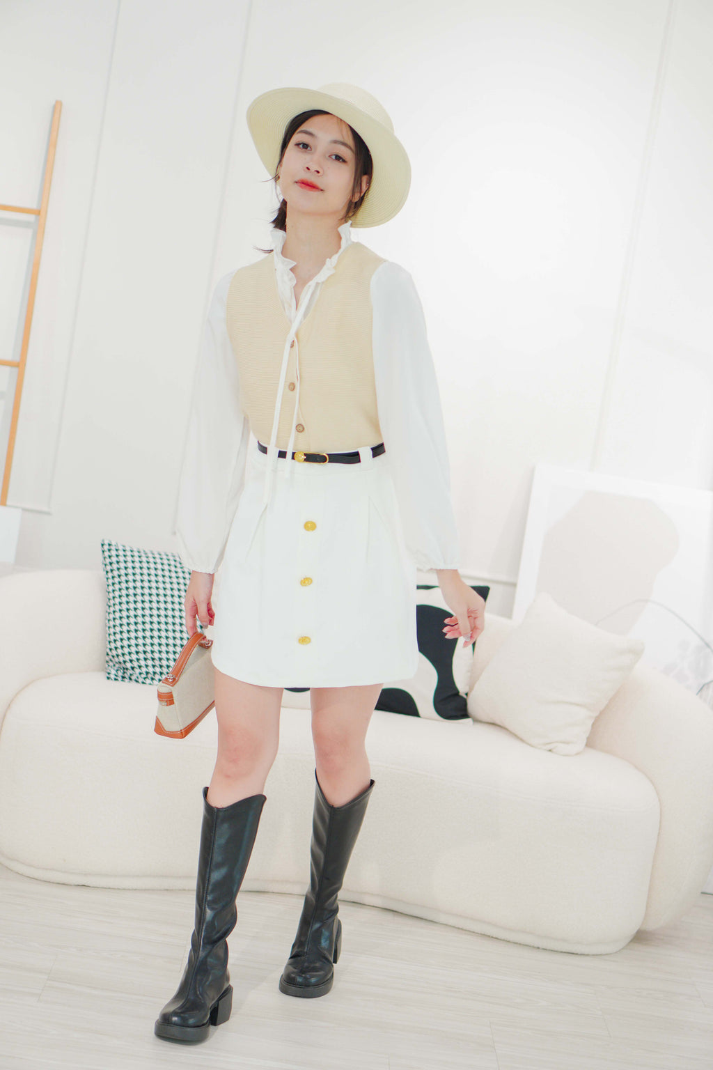 Baldwin A-Line Skirt with Gold Button in White