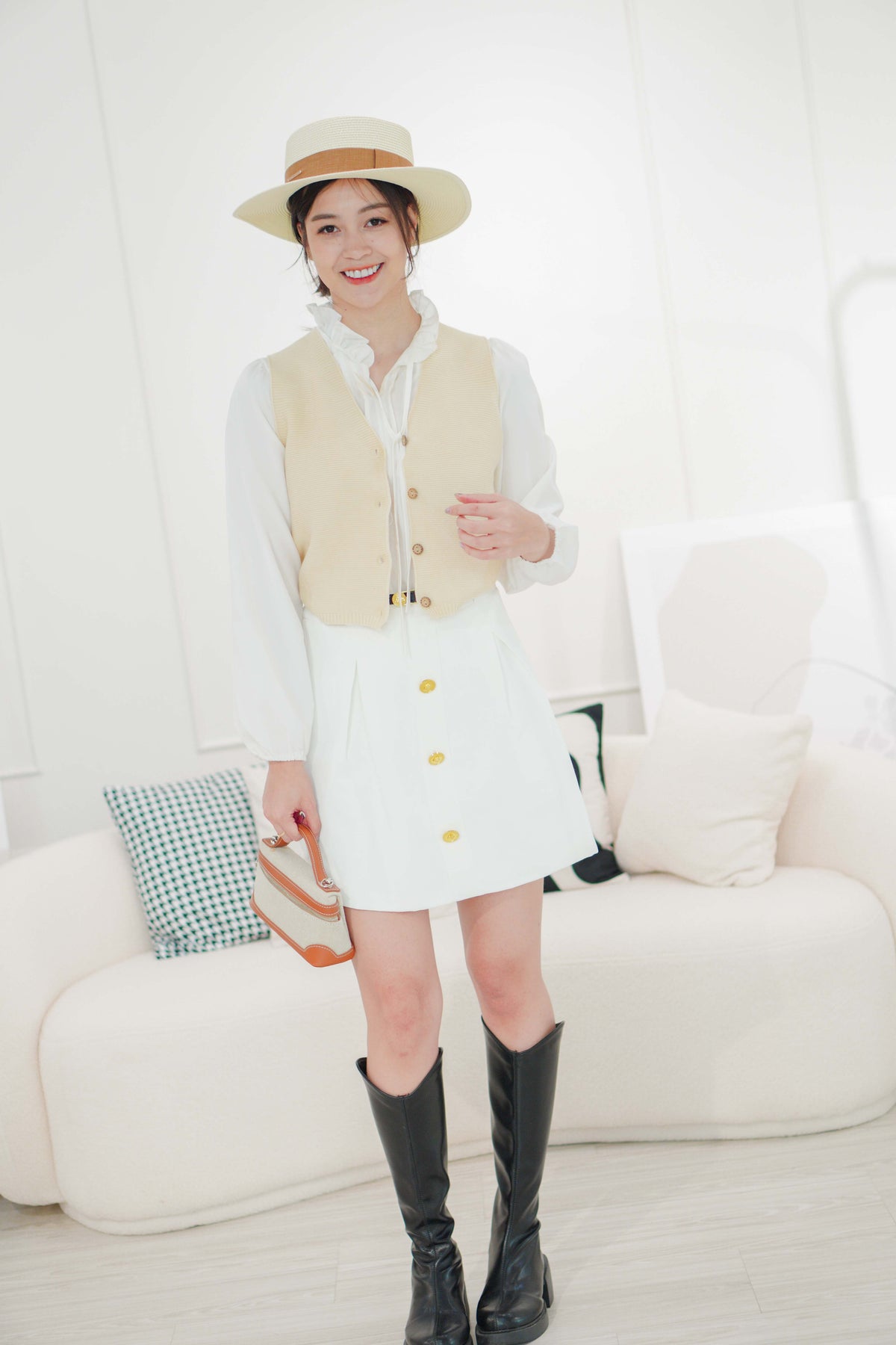 Baldwin A-Line Skirt with Gold Button in White