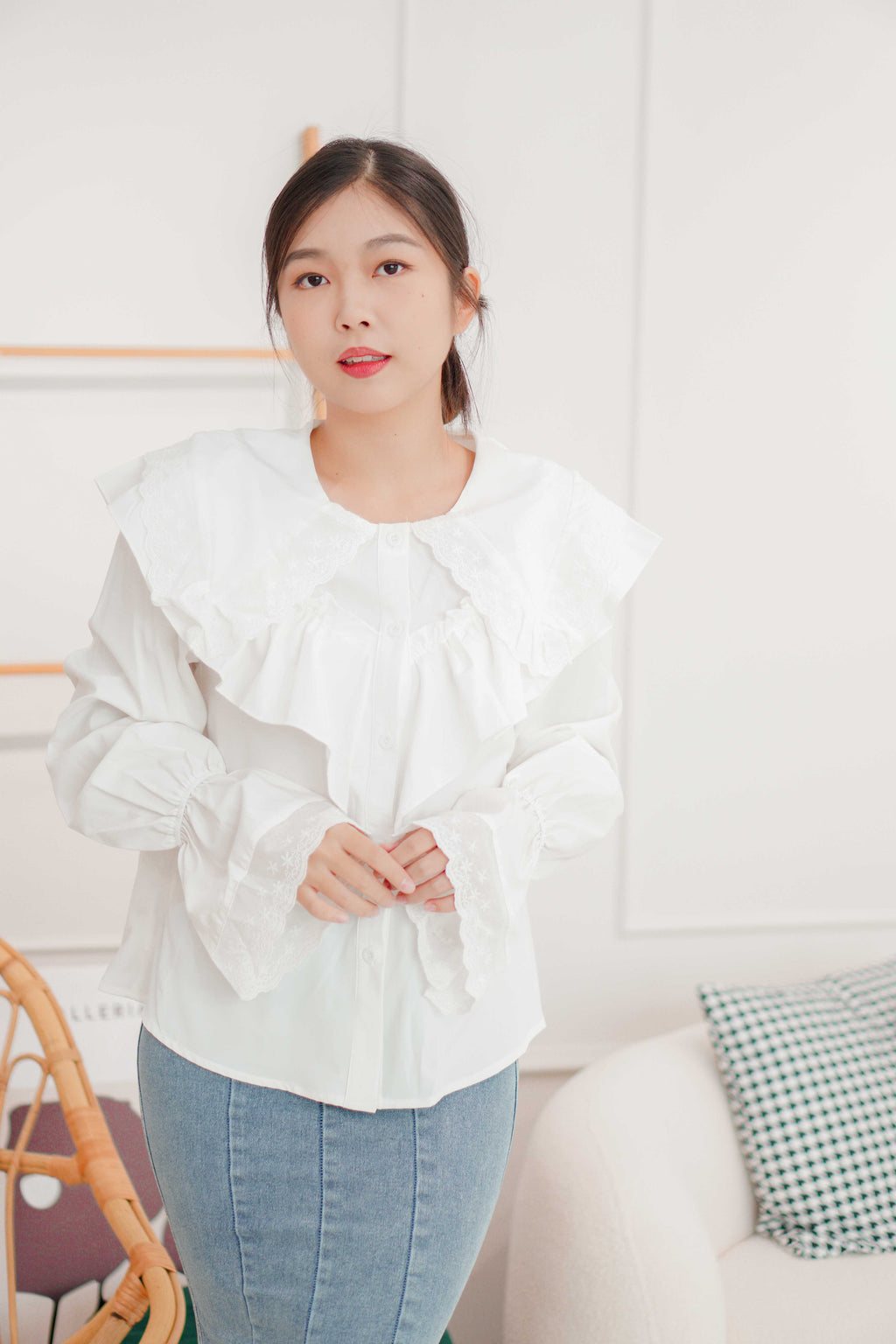 Dolly Ruffle Layered Long Sleeve Top in White