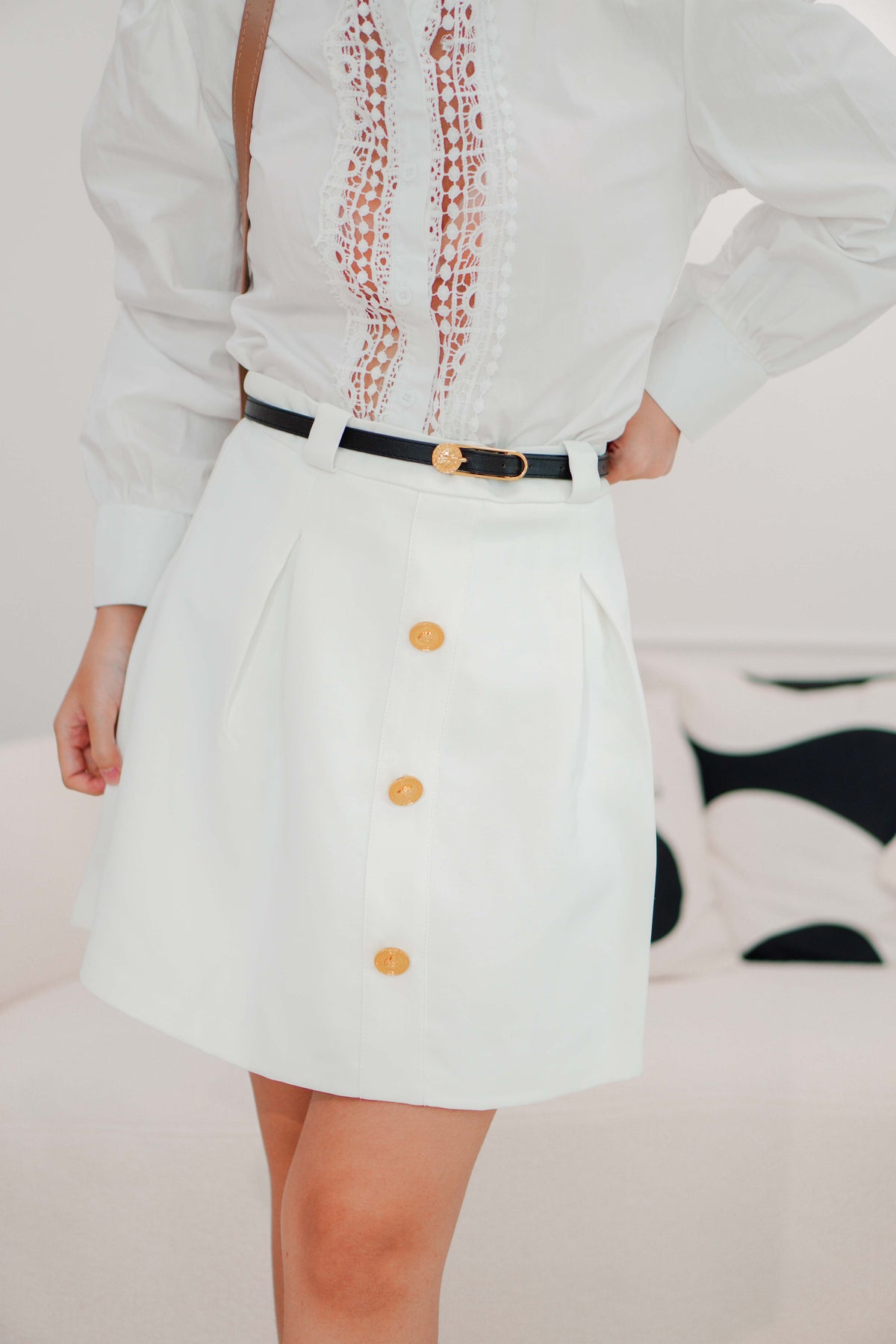 Baldwin A-Line Skirt with Gold Button in White