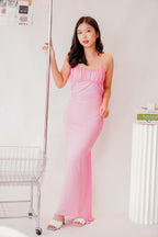 Raquelle Ruched Bust Backless Maxi Bodycon Dress in Pink