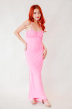 Raquelle Ruched Bust Backless Maxi Bodycon Dress in Pink