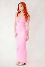 Raquelle Ruched Bust Backless Maxi Bodycon Dress in Pink