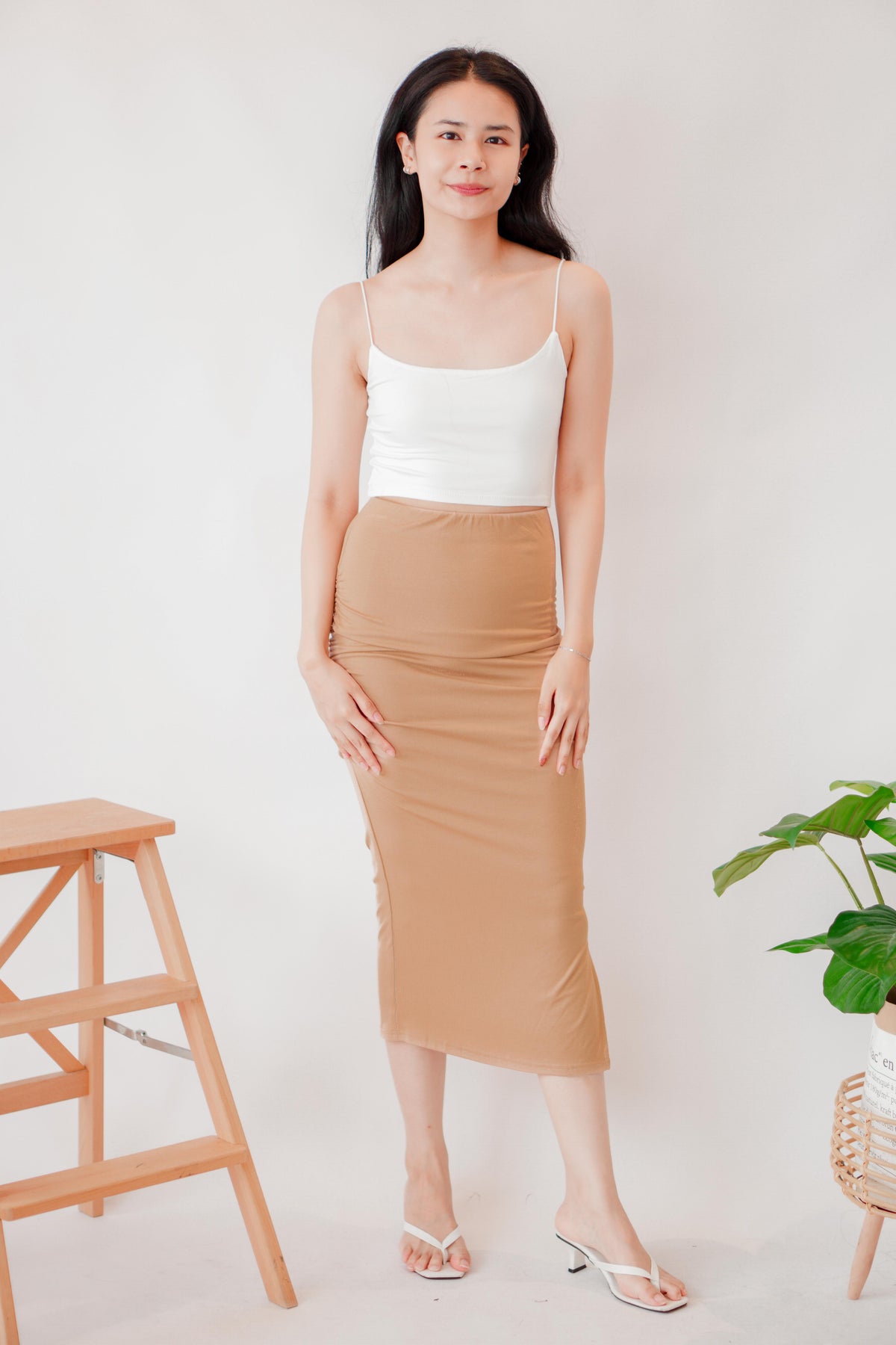 Kourtney Ruched Bodycon Skirt in Khaki