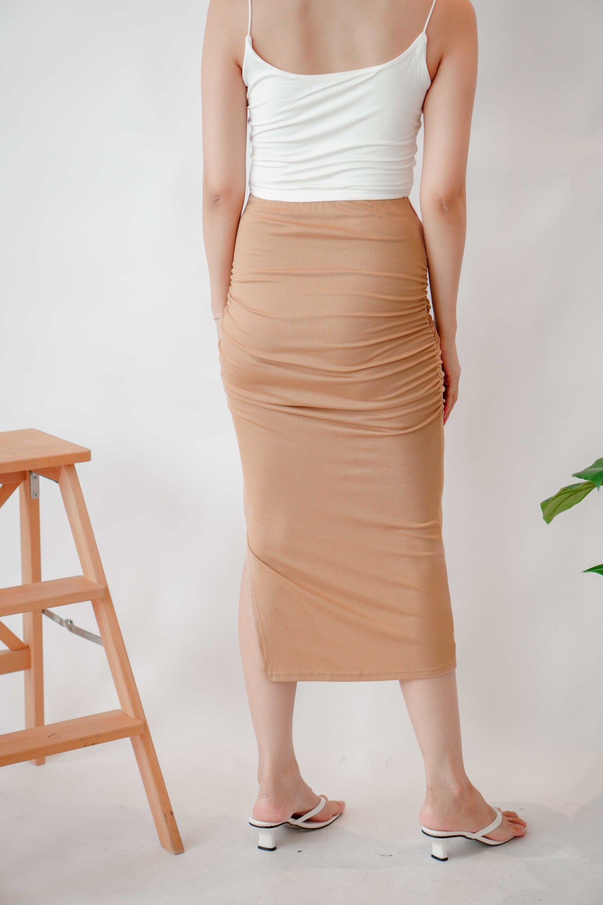 Kourtney Ruched Bodycon Skirt in Khaki