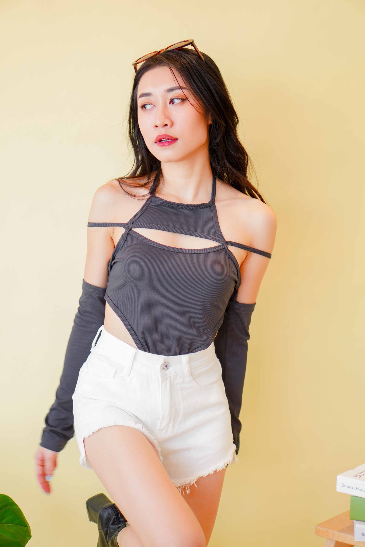 Space X Cutout Bodysuit in Dark Grey