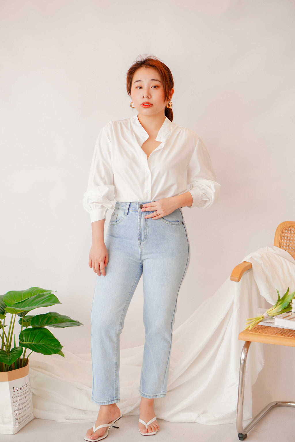 Yuji Long Sleeve Button Down Top in White