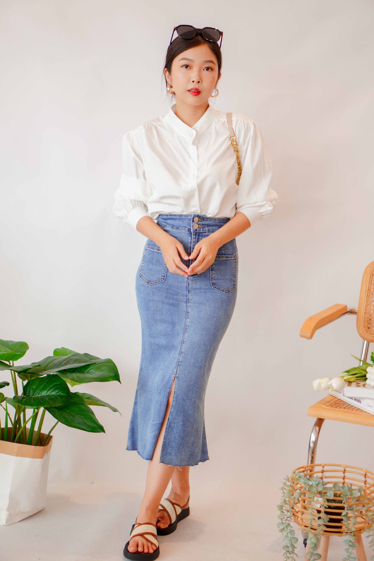 Yuji Long Sleeve Button Down Top in White