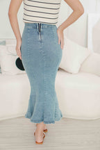 (BACKORDER) Janeve Denim Fishtail Skirt in Blue