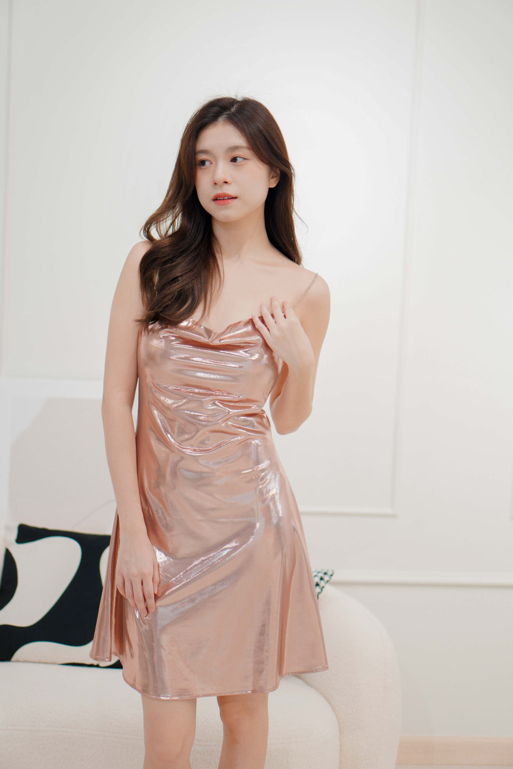 Levora Iridescent Cowl Neck Mini Dress in Pink