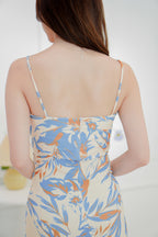 Yi Er Ruched Bodycon Floral Dress in Cream and Blue