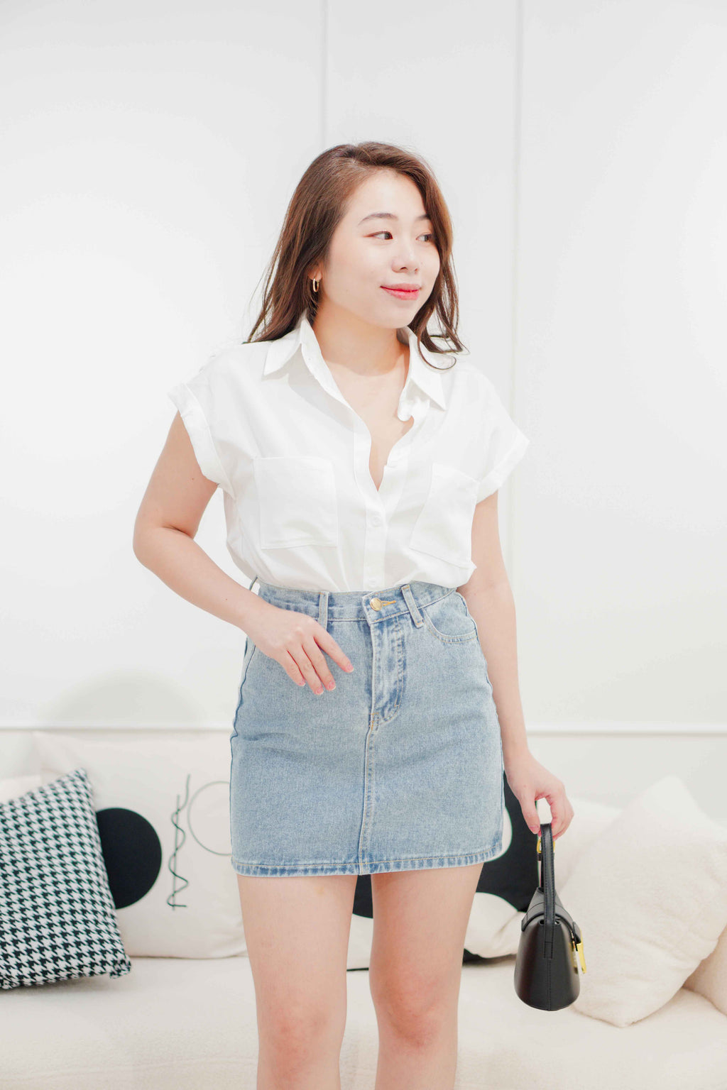 Ander Collar Short Sleeve Button Top in White