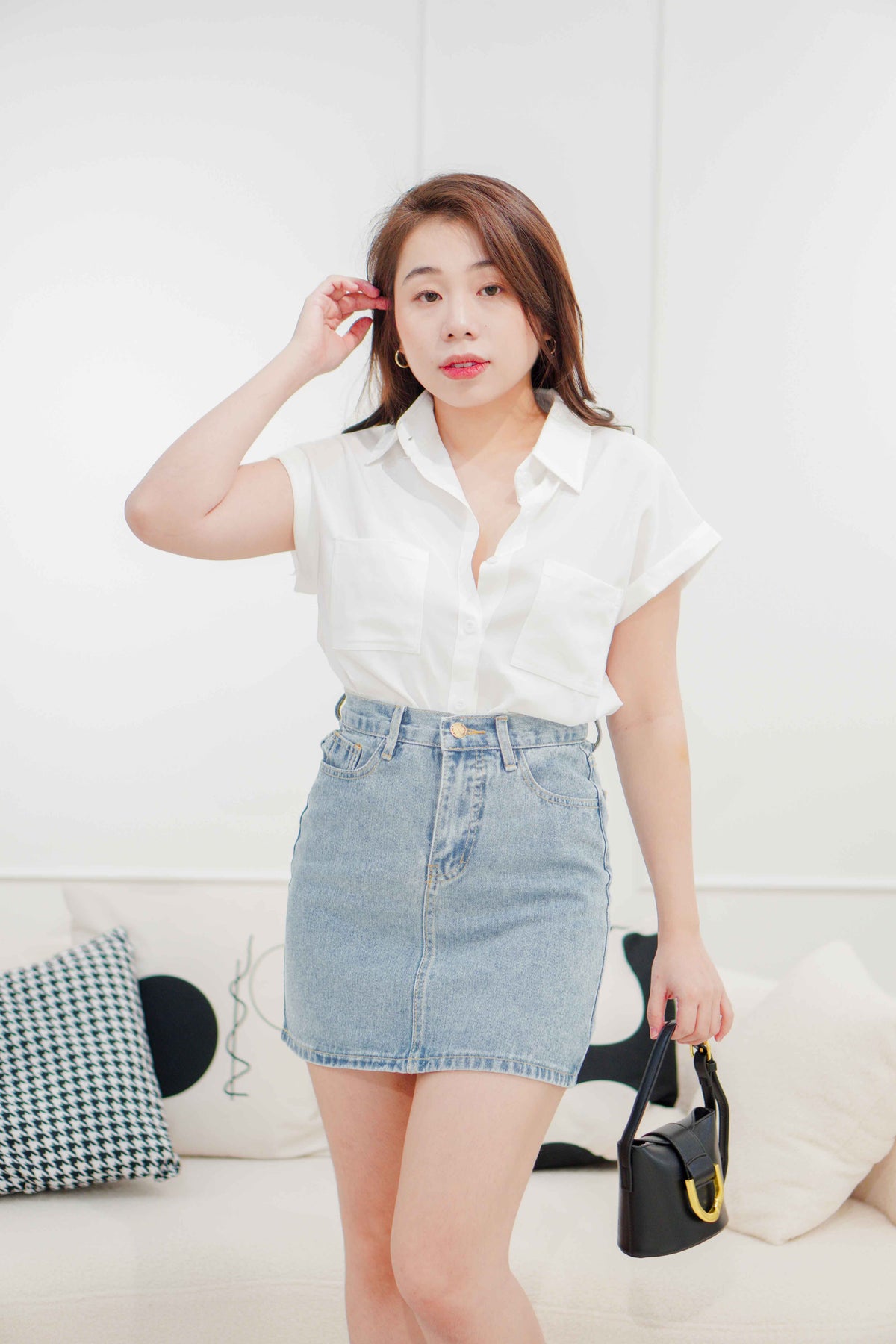 Ander Collar Short Sleeve Button Top in White