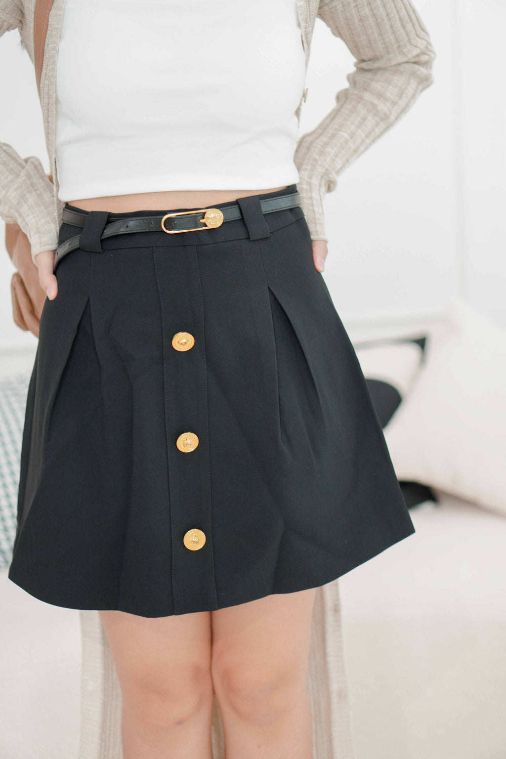 Baldwin A-Line Skirt with Gold Button in Black